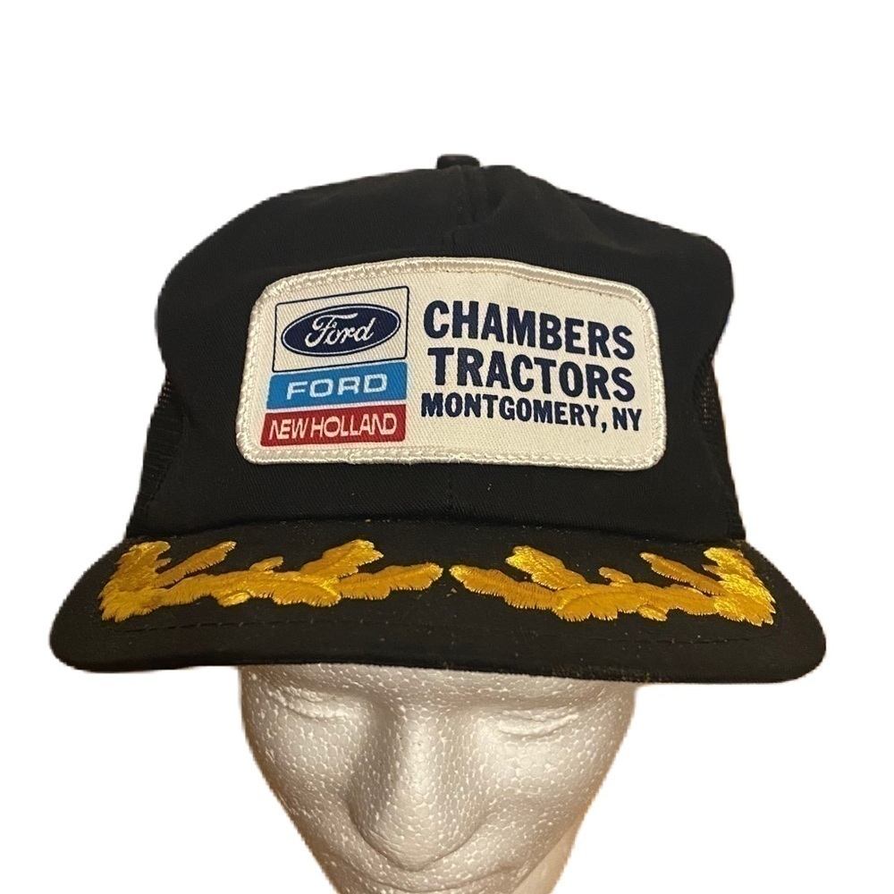 Vintage Ford New Holland Patch SnapBack Trucker Hat 90s 80s Gold Leaf Lapel